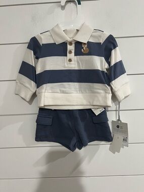 cloud island Navy and White Striped Polo Top with Grey Shorts Set